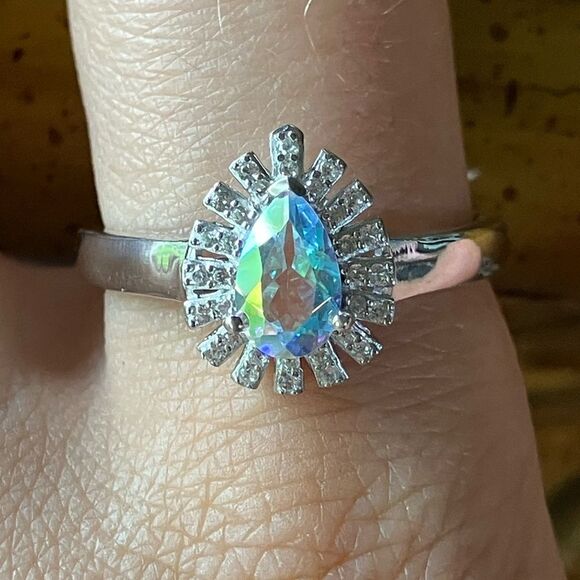 Aurora Borealis Mystic Topaz Sterling Silver Halo Ring Size 10 - Picture 1 of 8